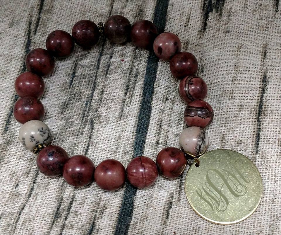 Stone Beaded  Bracelet with   Antique Gold Monogram Disc