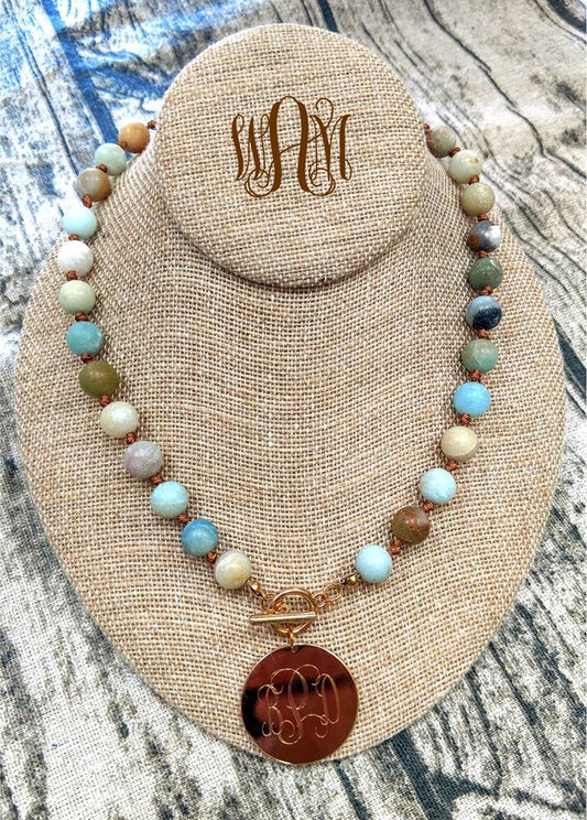 Hand Knotted Natural Stone Toggle Monogram Disc Necklace