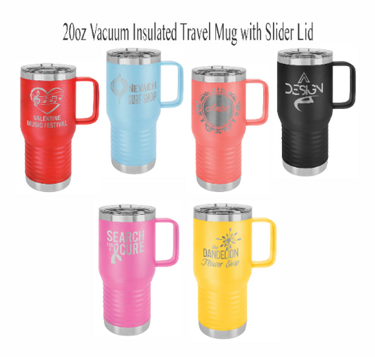 Travel Mug with Handle &  Sliding Lid,  Personalized 20 oz.  Vacuum Insulated