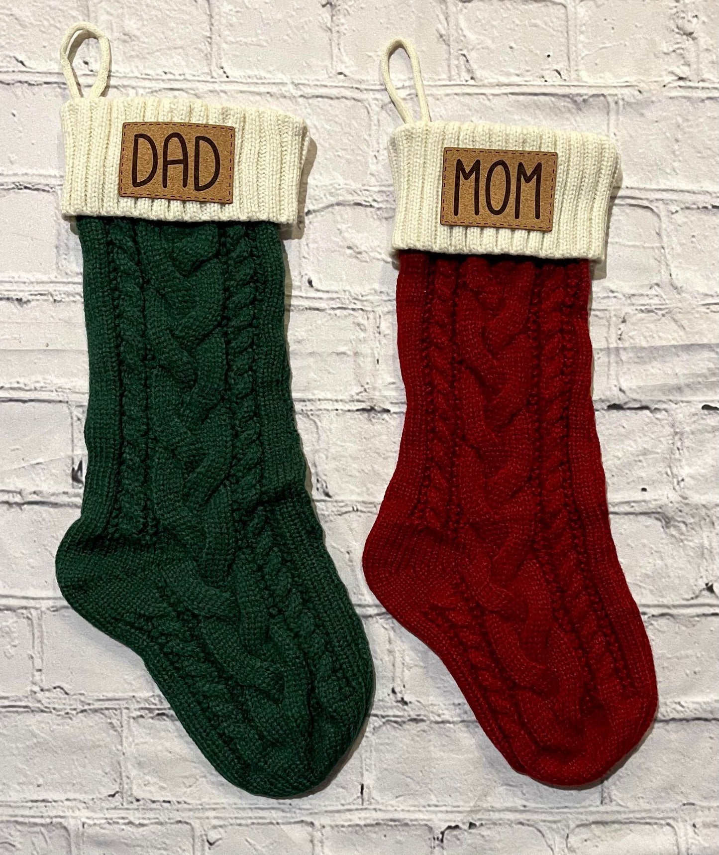Cable Knit Christmas Stockings, Laser Engraved Custom Leather Patch Stockings