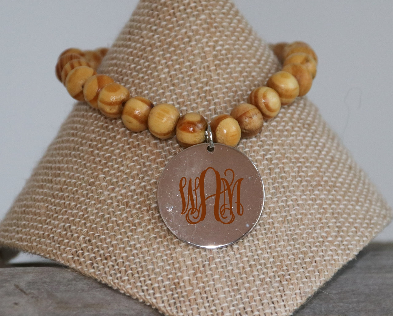 Personalized Wood Bead Bracelet with  Engraved Disc